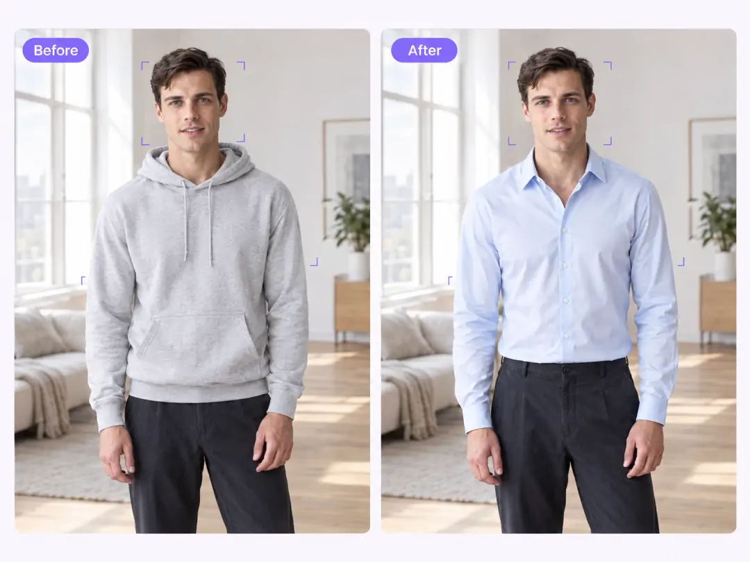 View a new outfit with familiar facial features and pose