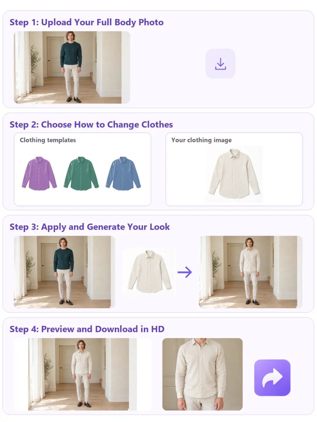 Use clothing templates or upload your own garment in PrettyUp