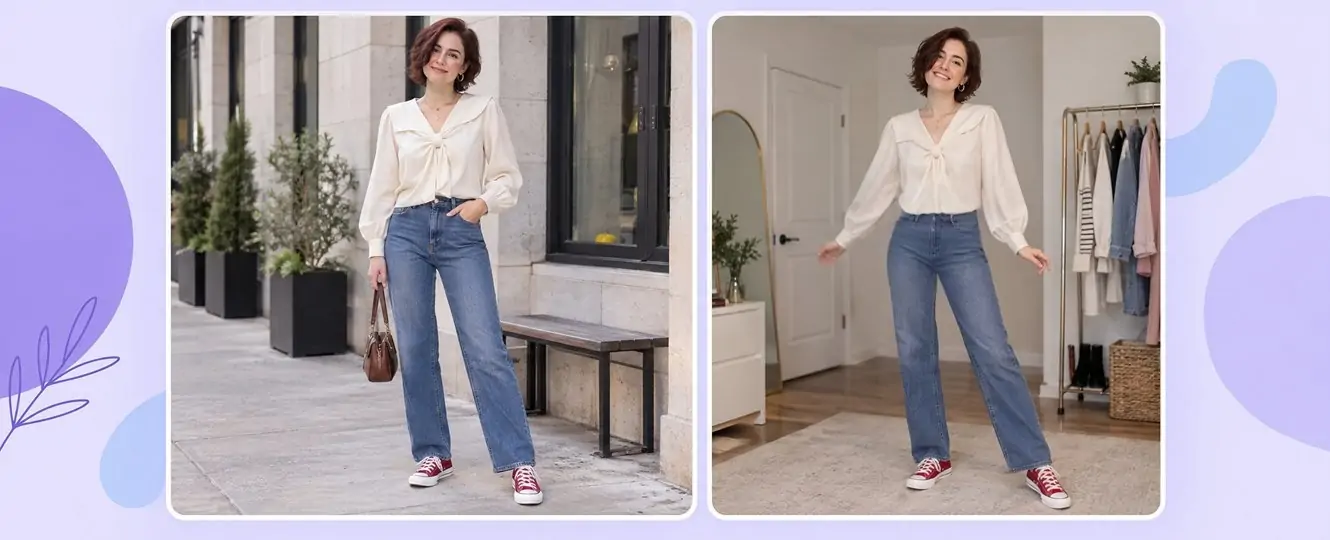 Proporções em uma foto de look e um vídeo de prova de roupas.