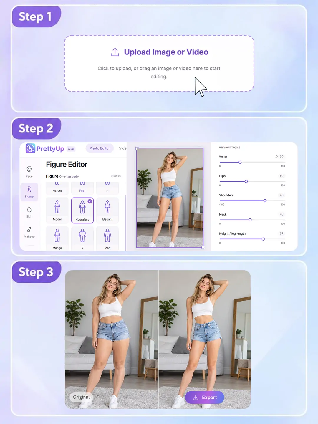 Escolha mídias, ajuste e revise edições corporais com o PrettyUp.